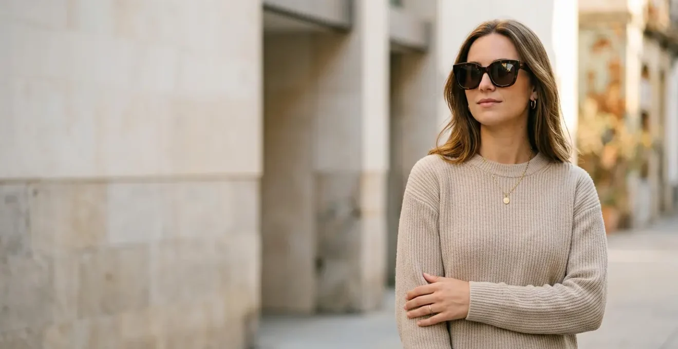 Portrait éditorial d'une femme incarnant l'élégance glamour accessible avec des accessoires iconiques