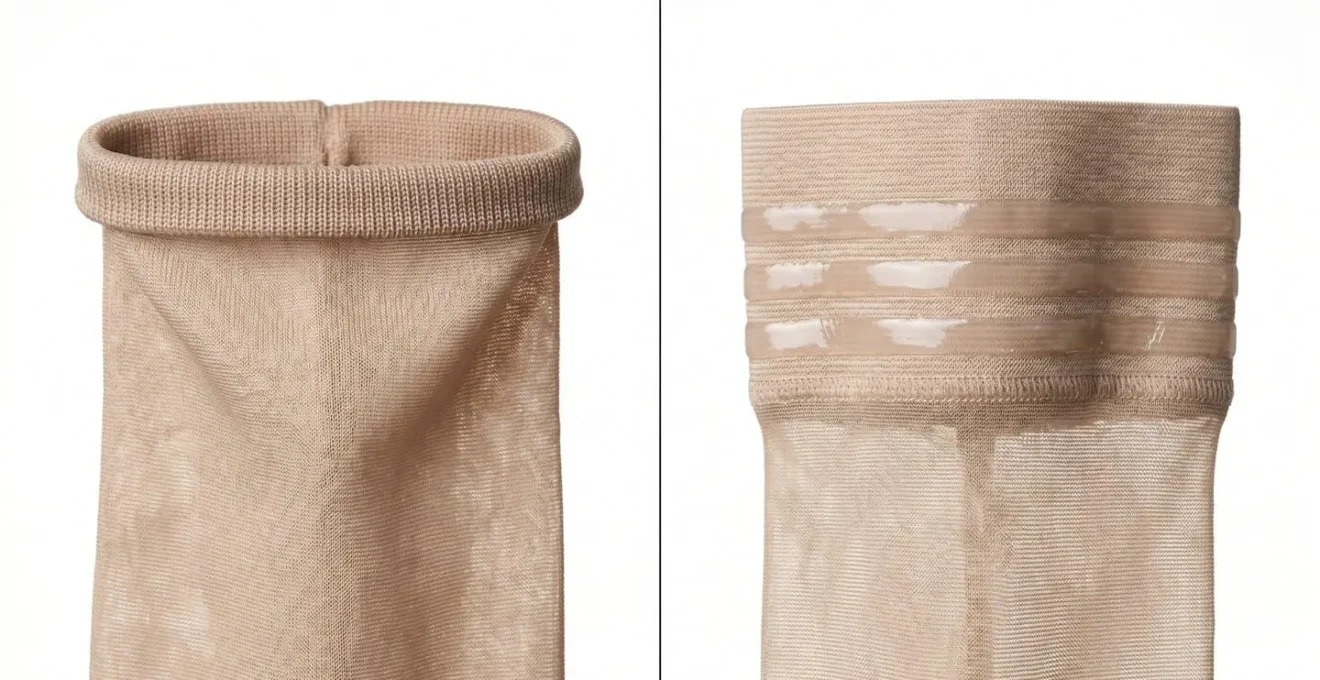 Comparaison visuelle entre le revers renforcé d'un bas classique et la bande siliconée d'un bas autofixant