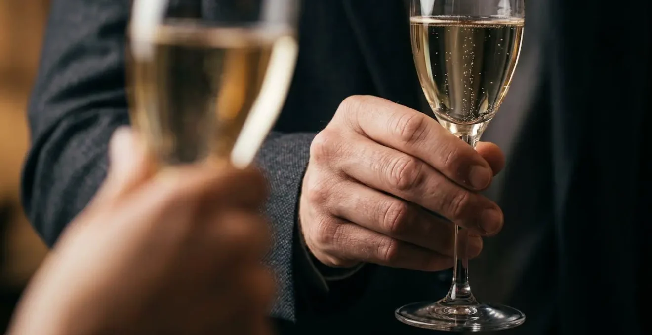 Gros plan sur des mains élégantes tenant des verres de champagne avec reflets de lumière dorée