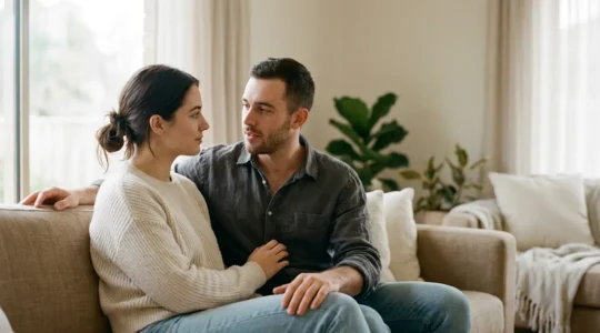 Couple en conversation intime dans un cadre chaleureux et sécurisant