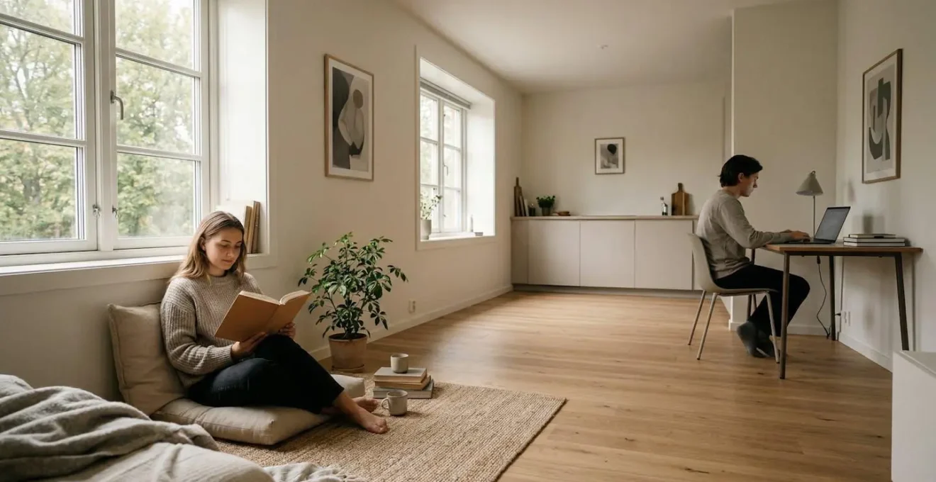 Couple dans un petit appartement préservant son espace personnel