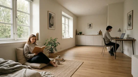 Couple dans un petit appartement préservant son espace personnel