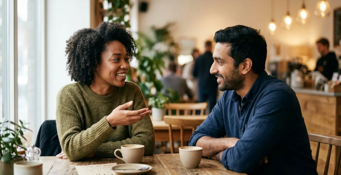 Couple lors d'un deuxième rendez-vous, conversation authentique et attentive dans un cadre intimiste
