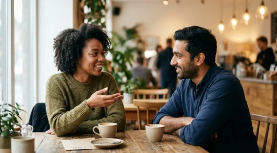 Couple lors d'un deuxième rendez-vous, conversation authentique et attentive dans un cadre intimiste