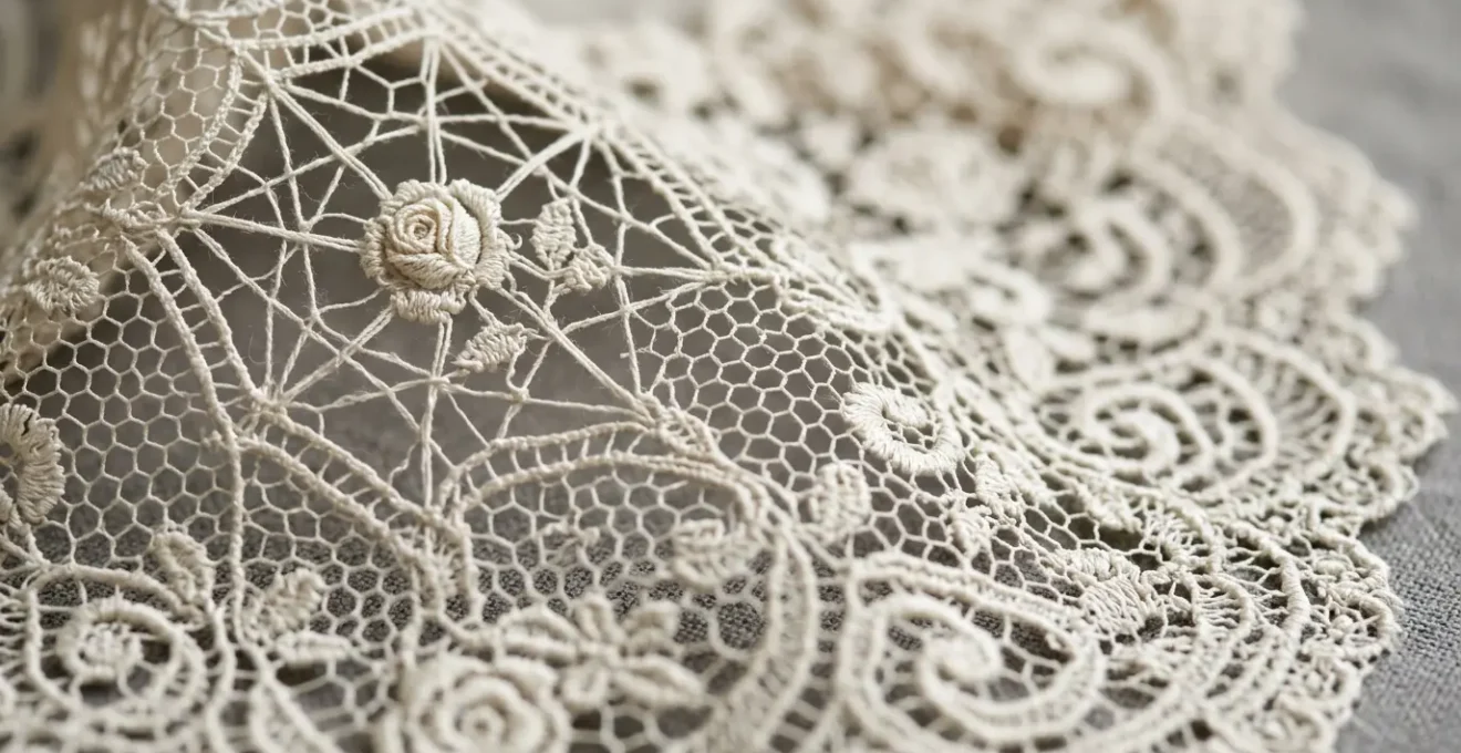 Gros plan sur une dentelle de Calais authentique révélant la complexité du tissage Leavers
