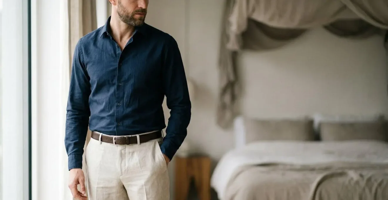 Détail d'une tenue masculine élégante montrant l'harmonie entre les textiles et la silhouette