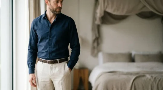 Détail d'une tenue masculine élégante montrant l'harmonie entre les textiles et la silhouette