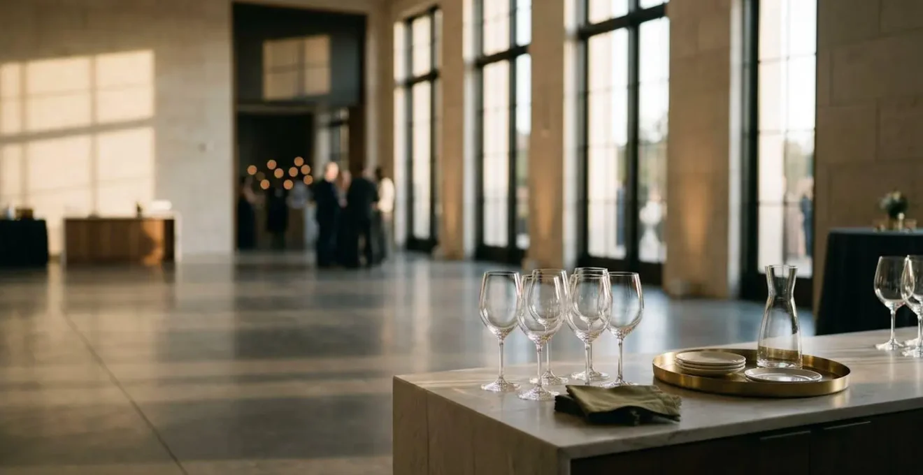 Ambiance élégante d'une réception haut de gamme avec architecture raffinée et lumière tamisée