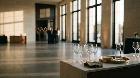 Ambiance élégante d'une réception haut de gamme avec architecture raffinée et lumière tamisée