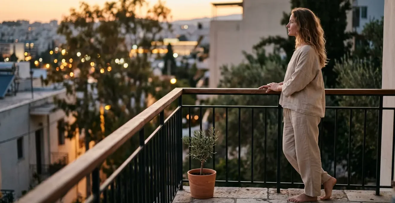 Femme portant une tenue de nuit en lin naturel sur un balcon pendant une soirée d'été