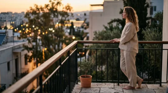 Femme portant une tenue de nuit en lin naturel sur un balcon pendant une soirée d'été
