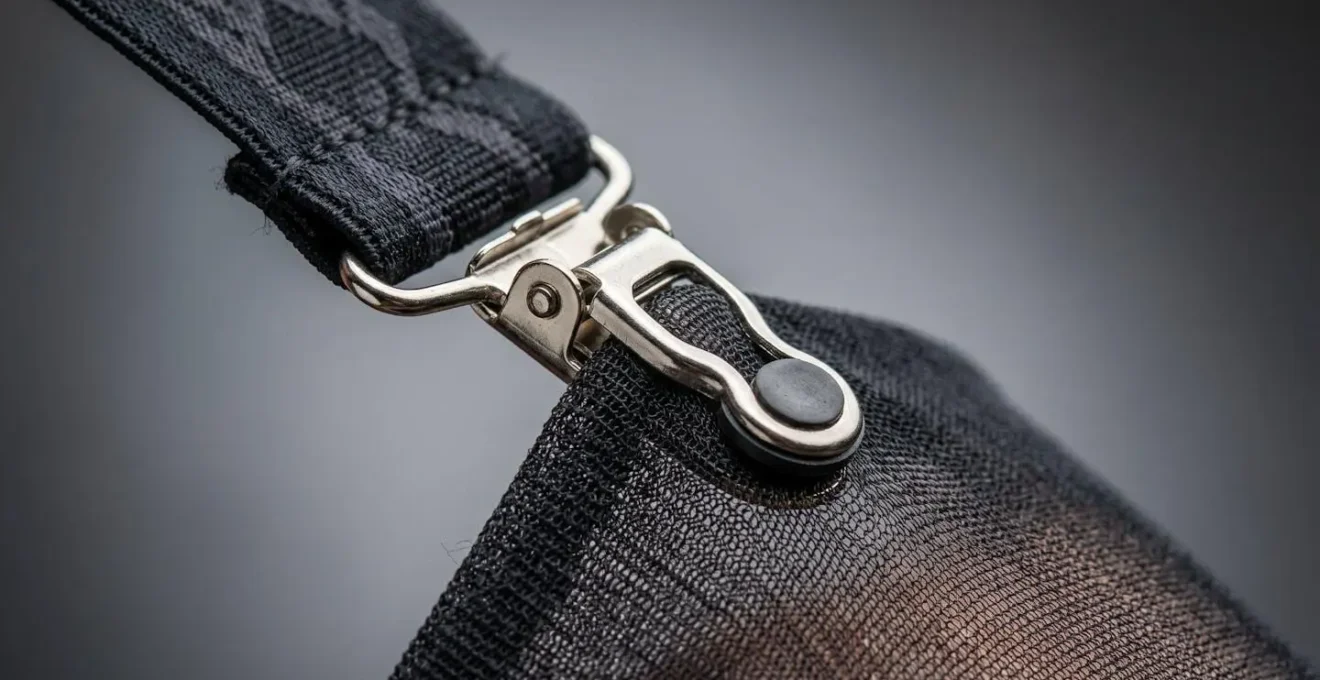 Gros plan sur les attaches de jarretelles fixées à des bas nylon montrant les points de réglage