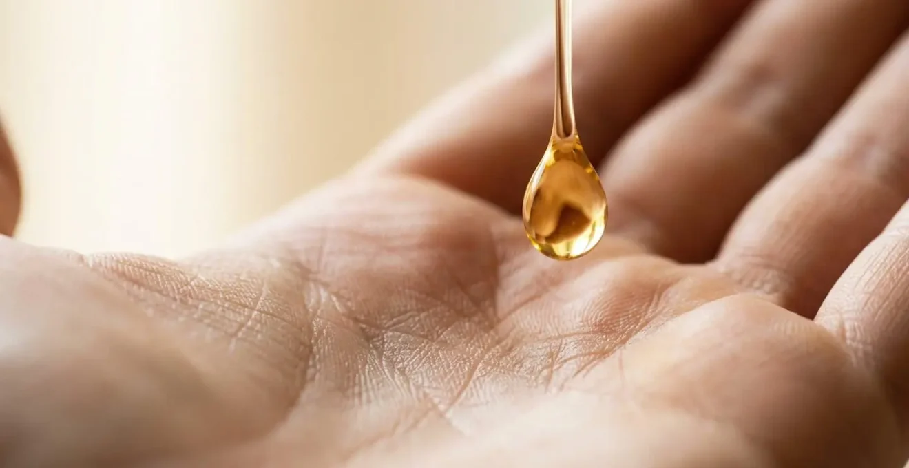 Gouttes d'huile d'amande douce tombant délicatement dans une main ouverte, lumière naturelle douce