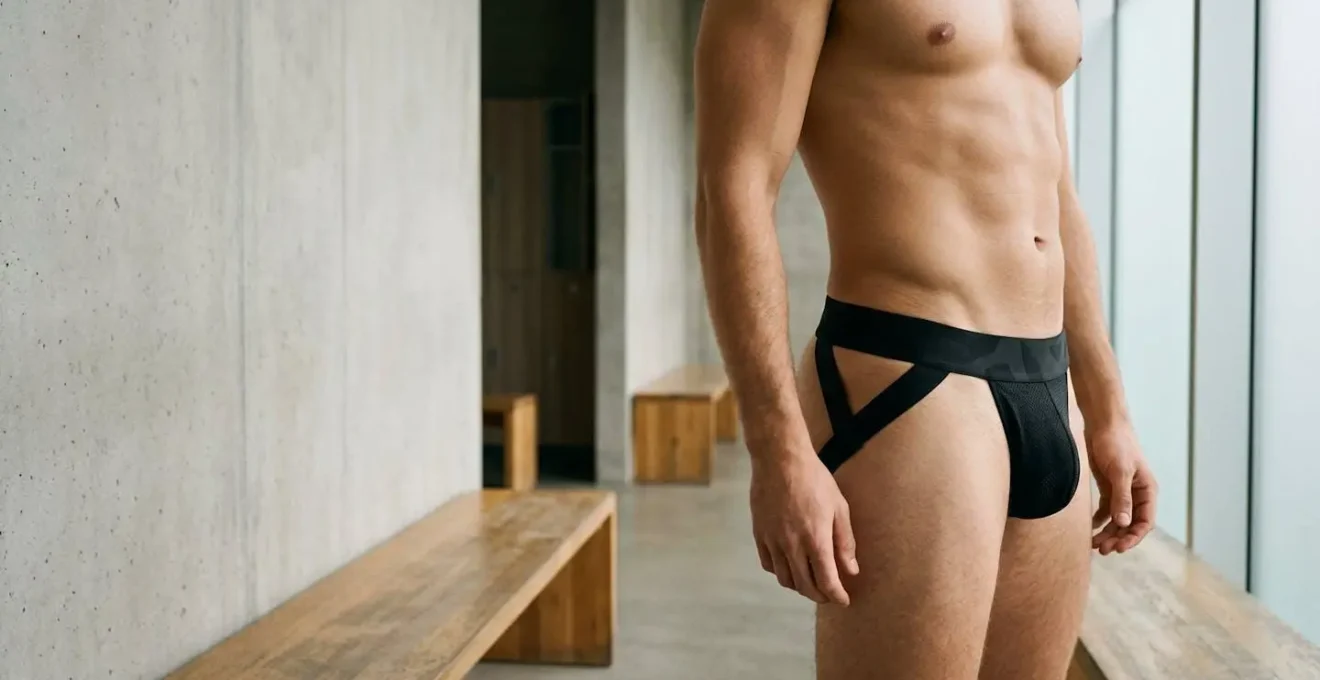 Détail architectural d'un élastique de jockstrap encadrant une silhouette masculine athlétique dans une ambiance vestiaire contemporaine