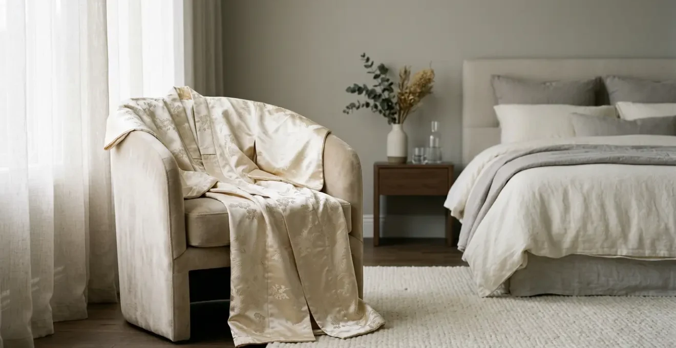 Kimono en soie raffiné posé avec élégance dans un intérieur contemporain sophistiqué