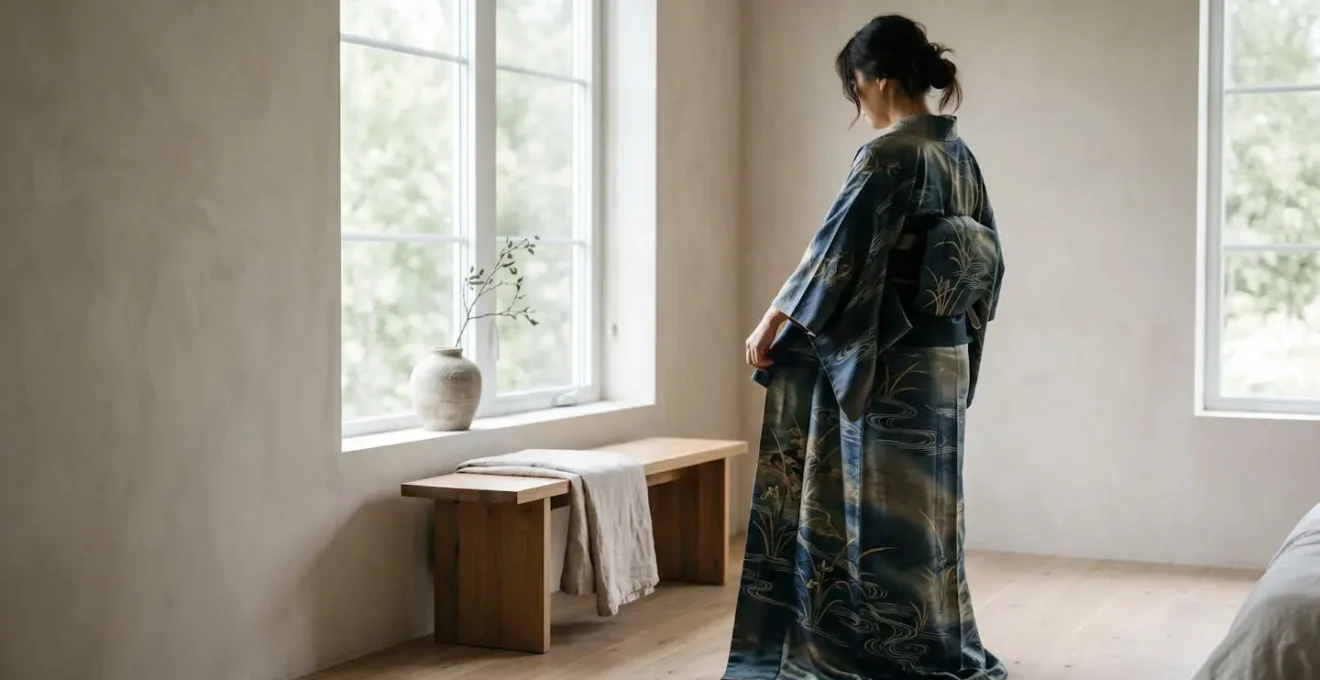 Femme portant un kimono en soie dans une atmosphère de bien-être à domicile