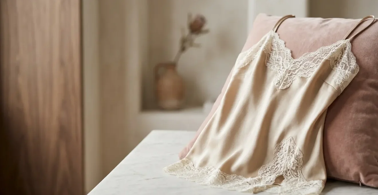 Détail de lingerie de luxe en soie et dentelle fine sur fond épuré symbolisant l'élégance et la confiance en soi