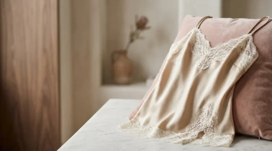 Détail de lingerie de luxe en soie et dentelle fine sur fond épuré symbolisant l'élégance et la confiance en soi