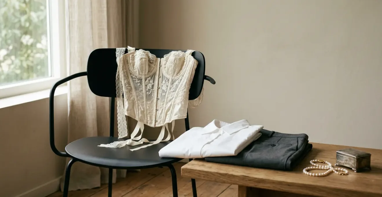 Mise en scène élégante évoquant la fusion entre lingerie vintage et garde-robe contemporaine