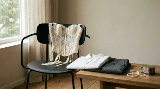 Mise en scène élégante évoquant la fusion entre lingerie vintage et garde-robe contemporaine