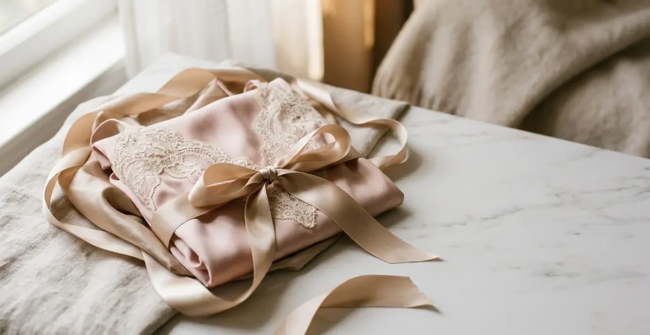 Une composition élégante et suggestive illustrant l'art d'offrir de la lingerie avec soin et délicatesse