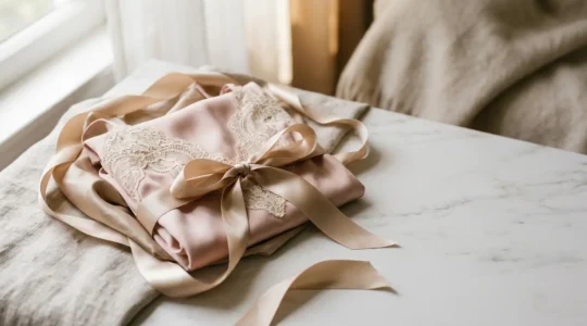 Une composition élégante et suggestive illustrant l'art d'offrir de la lingerie avec soin et délicatesse
