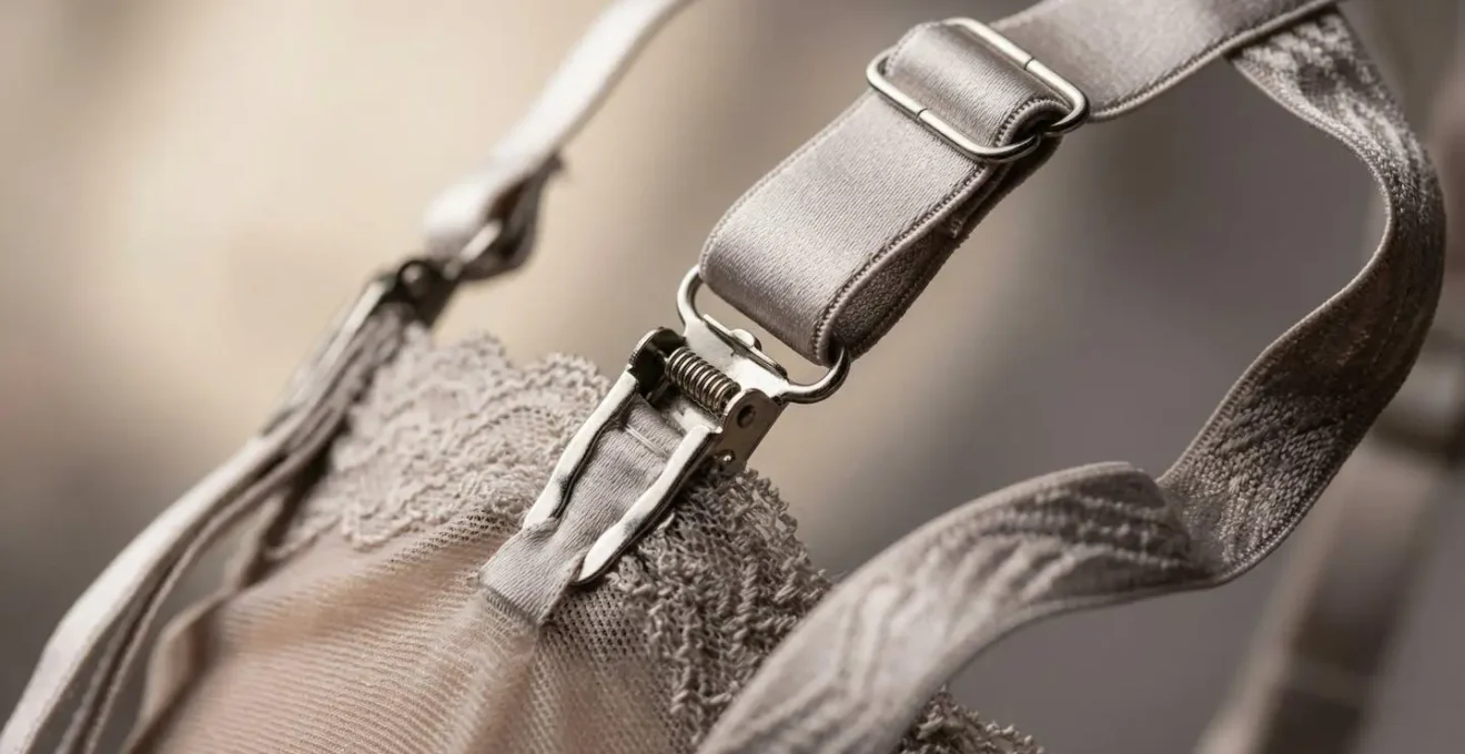 Porte-jarretelles à six attaches ajusté sur mannequin, vue détaillée des clips métalliques et jarretelles réglables