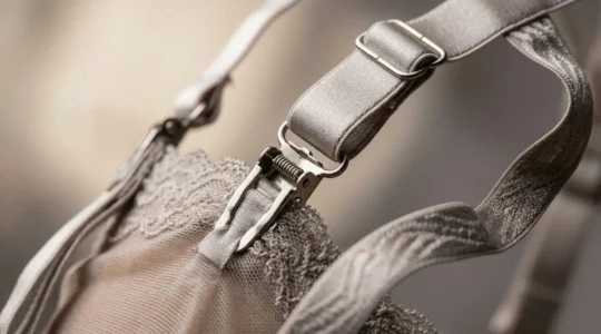 Porte-jarretelles à six attaches ajusté sur mannequin, vue détaillée des clips métalliques et jarretelles réglables