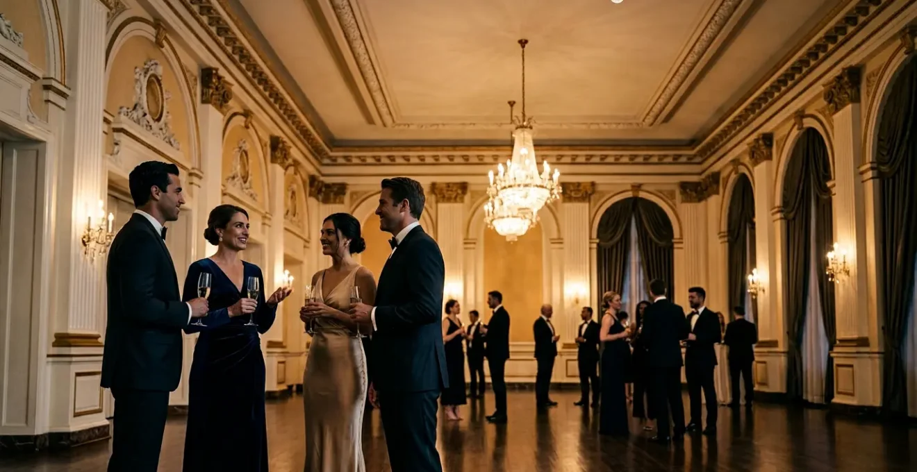 Scène élégante d'un gala mondain avec des professionnels en tenue de soirée échangeant dans une atmosphère raffinée