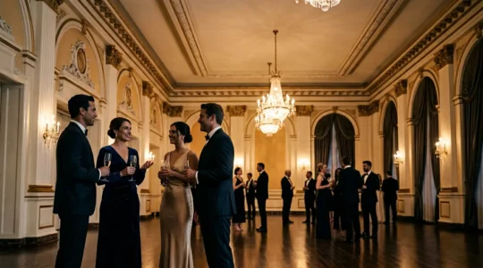 Scène élégante d'un gala mondain avec des professionnels en tenue de soirée échangeant dans une atmosphère raffinée
