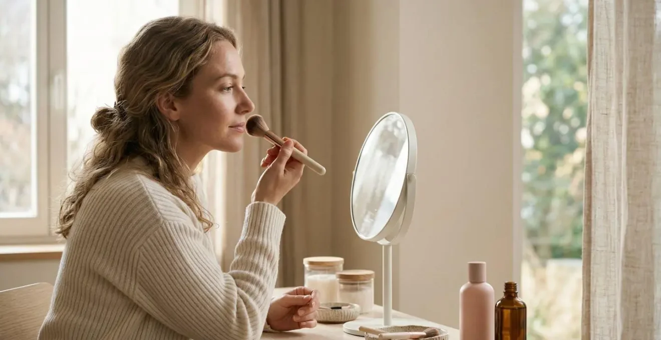 Femme élégante se préparant pour un rendez-vous dans une atmosphère intimiste et sereine