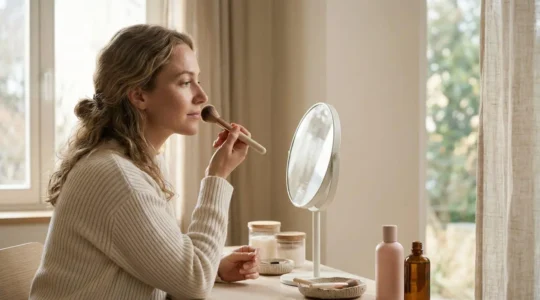 Femme élégante se préparant pour un rendez-vous dans une atmosphère intimiste et sereine