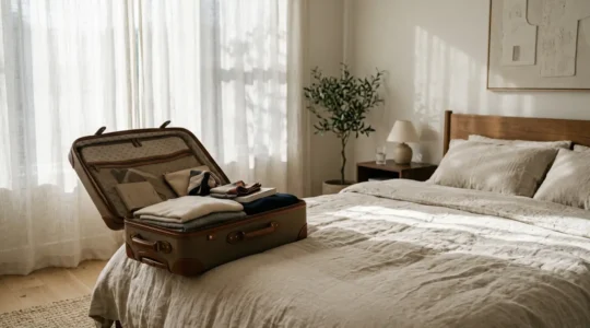 Préparatifs d'un weekend surprise romantique avec une valise élégante