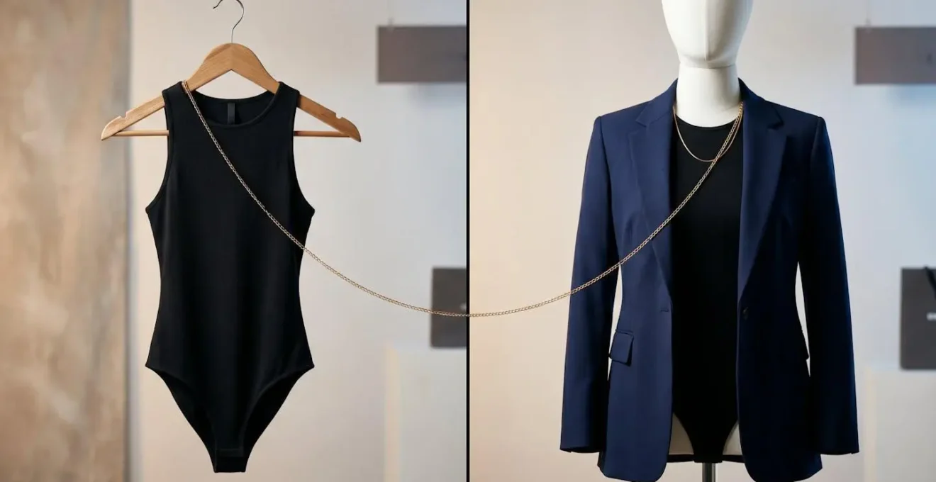 Composition symbolique illustrant la transformation d'un body minimaliste en pièce de mode par association avec un blazer structuré