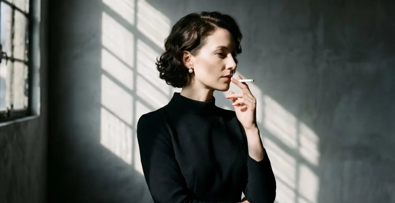 Scène cinématographique évoquant le glamour du film noir avec jeux d'ombres dramatiques