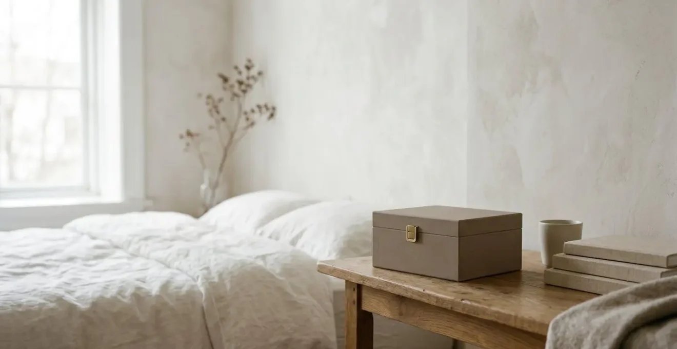 Vue wide minimaliste d'un coffret élégant fermé posé sur surface épurée dans lumière naturelle