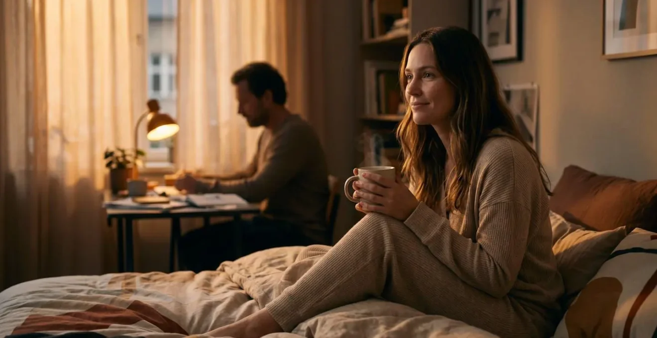 Couple avec des rythmes de sommeil différents cohabitant harmonieusement dans une chambre apaisante.