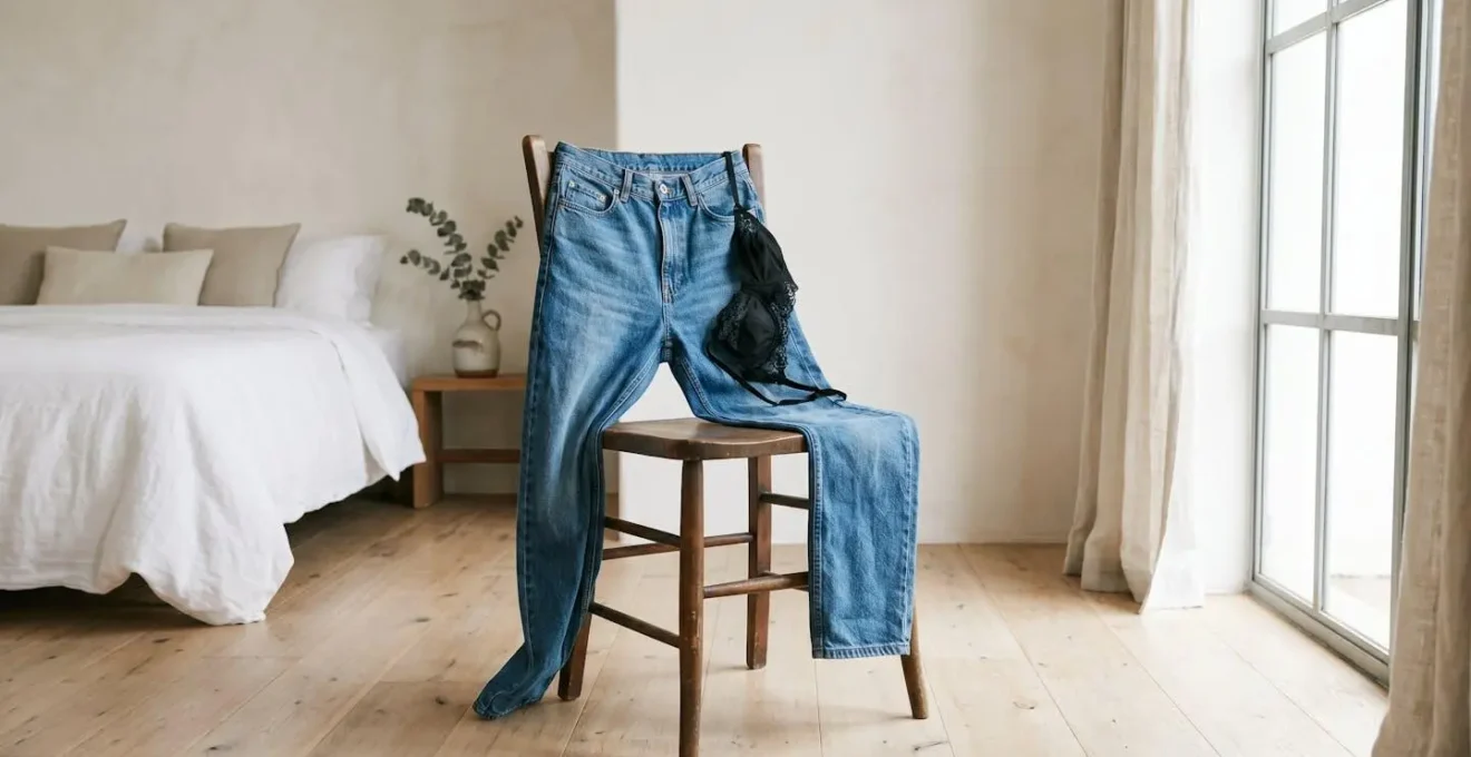 Composition minimaliste illustrant le contraste entre denim brut et dentelle vintage délicate