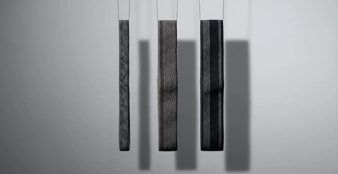 Composition minimaliste montrant des élastiques de jockstrap de différentes largeurs suspendus sur fond neutre, symbolisant l'universalité du vêtement