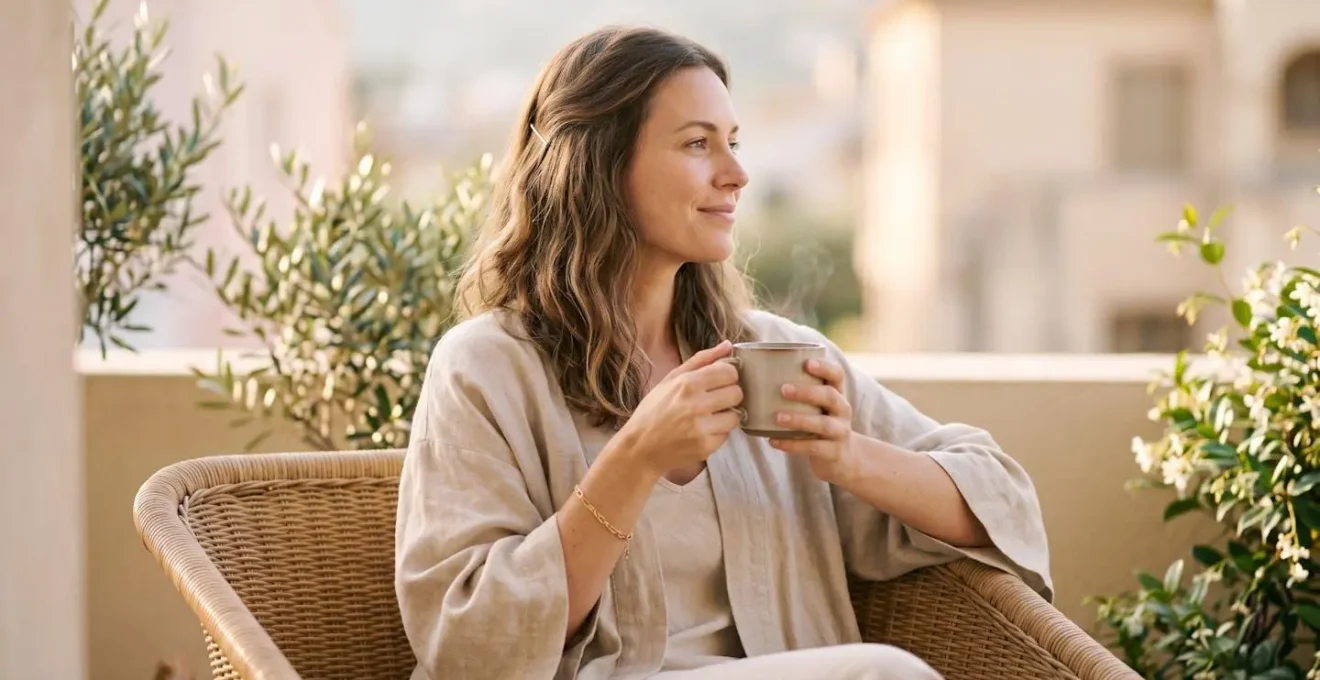 Femme sur un balcon le matin portant un kimono élégant avec accessoires minimalistes