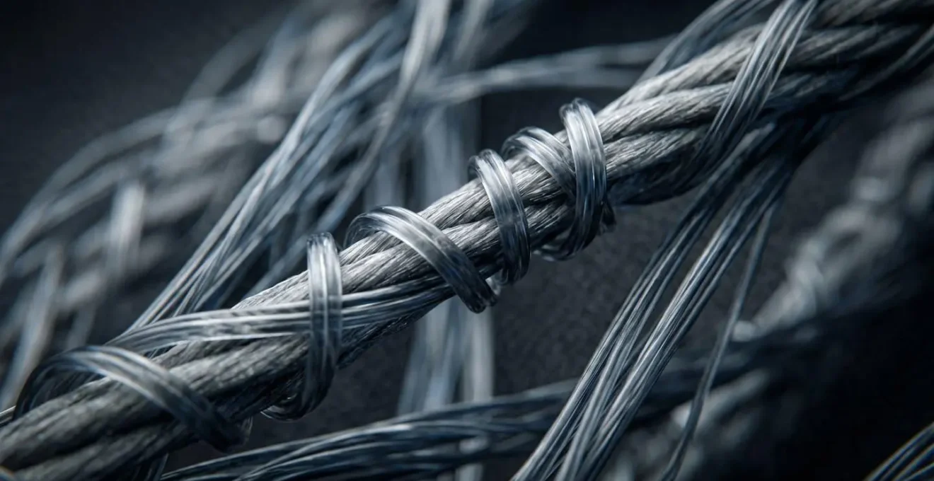 Vue macro rapprochée de fibres textiles techniques révélant la structure moléculaire et l'entrelacement des filaments élastiques