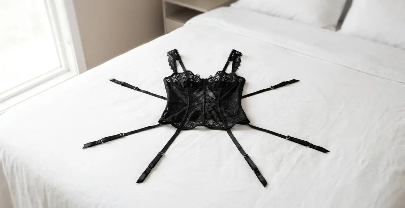 Guêpière en dentelle posée à plat sur un lit avec jarretelles et bretelles déployées en étoile, prête à être enfilée