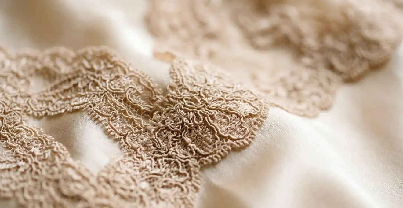 Detail macro de dentelle fine et soie luxueuse evoquant le raffinement tactile et la qualite des matieres nobles