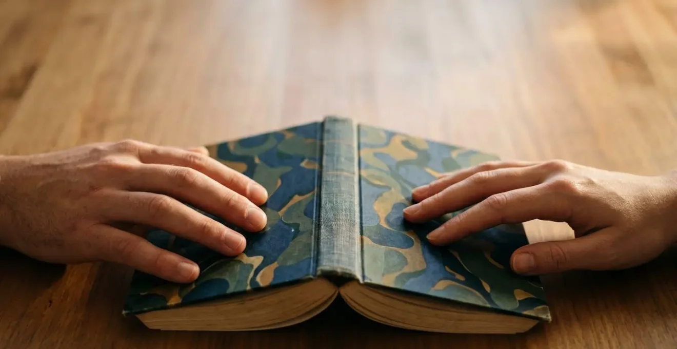Livre ouvert vu de dos avec mains en interaction symbolisant le partage