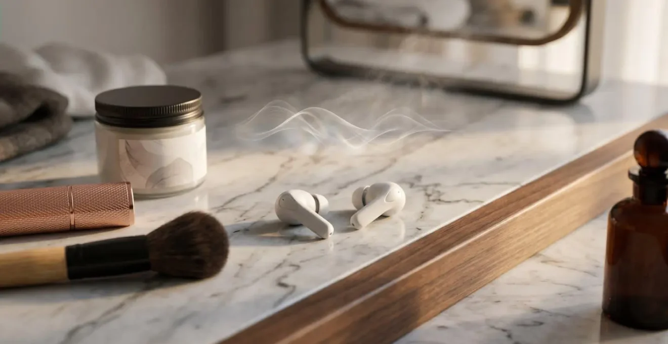 Écouteurs posés près d'un miroir de maquillage dans une ambiance musicale apaisante