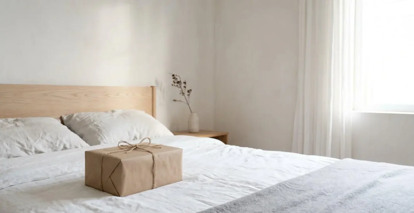 Scène minimaliste avec un coffret cadeau sur un lit, évoquant un moment de partage et de découverte en couple.