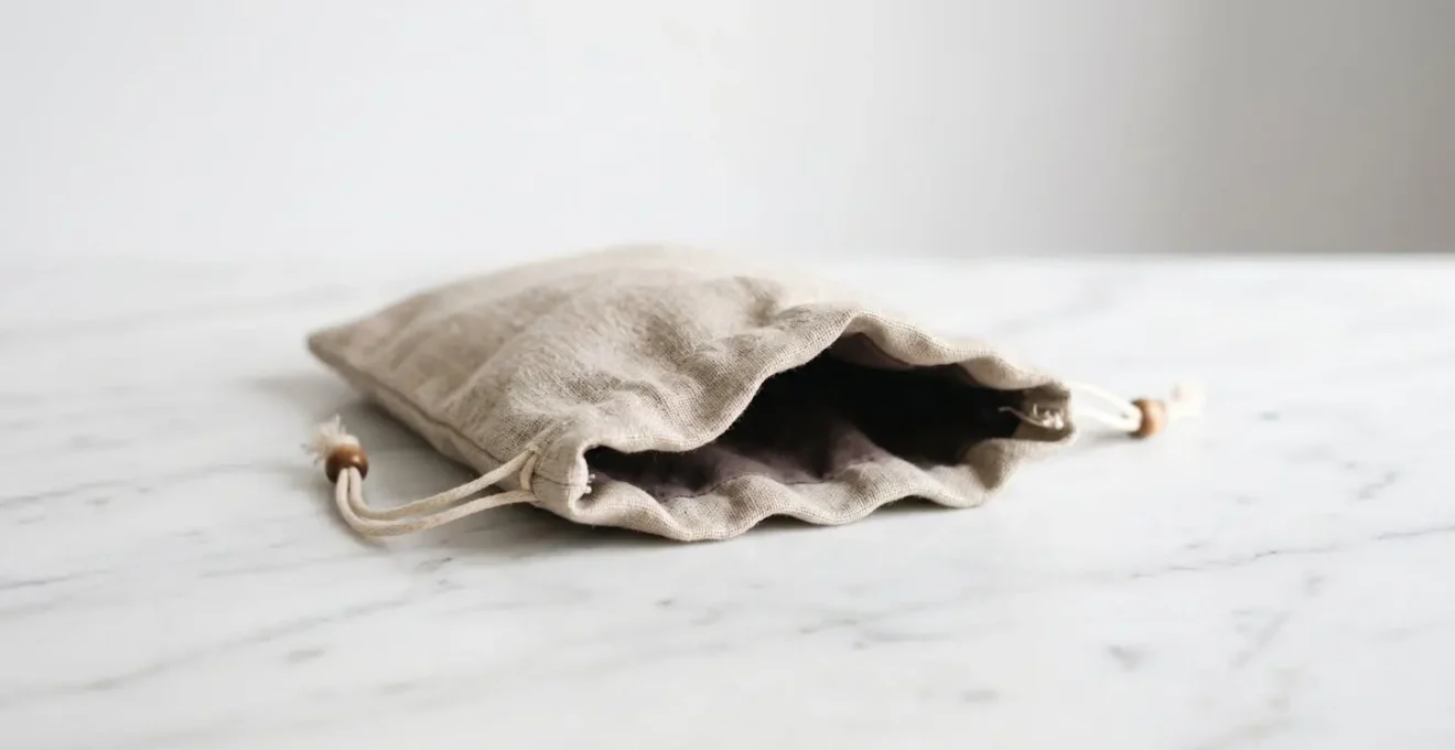 Pochette en tissu respirant pour préserver les accessoires intimes, symbolisant le soin et l'hygiène.