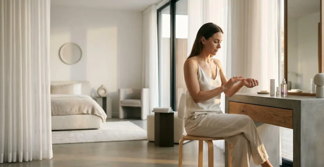 Rituel d'application d'huile scintillante dans un moment de préparation intime avant une soirée