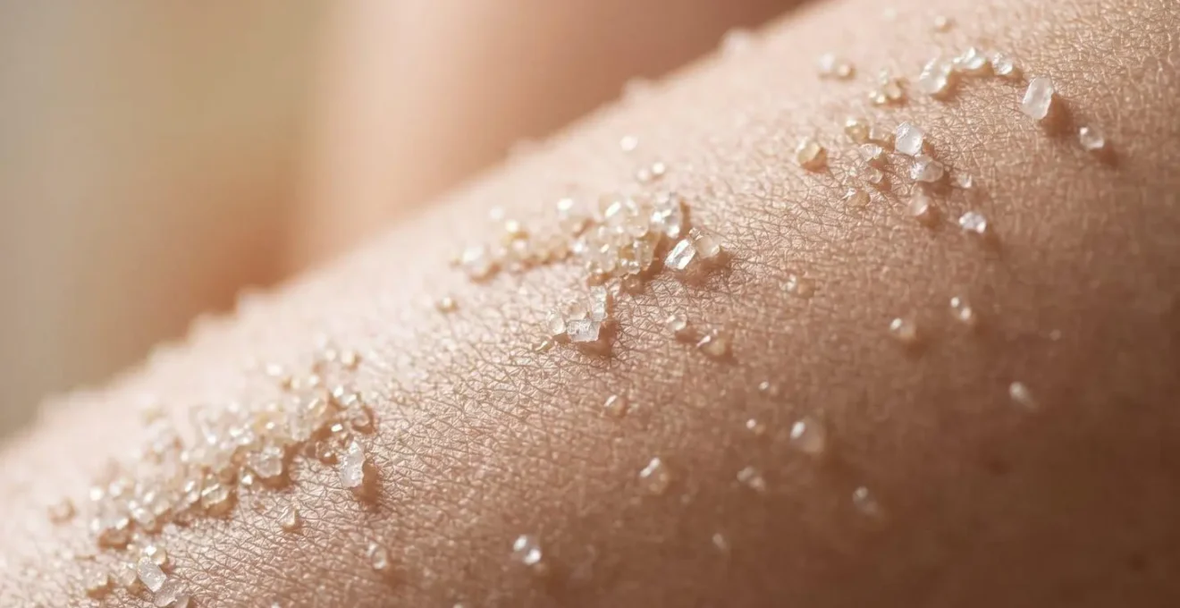 Vue macro de texture de peau satinée après gommage corporel avec particules exfoliantes naturelles