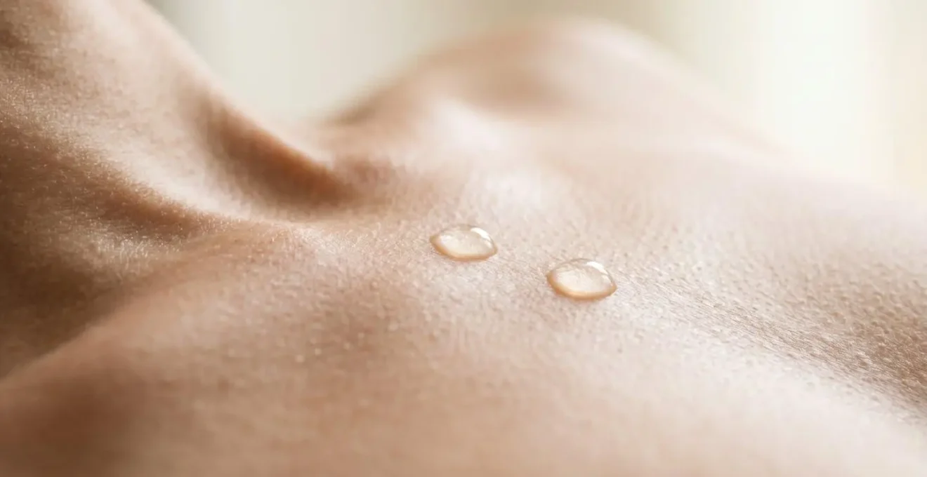 Macro détails texturaux de peau soyeuse du décolleté sublimée par la lumière naturelle et soins hydratants